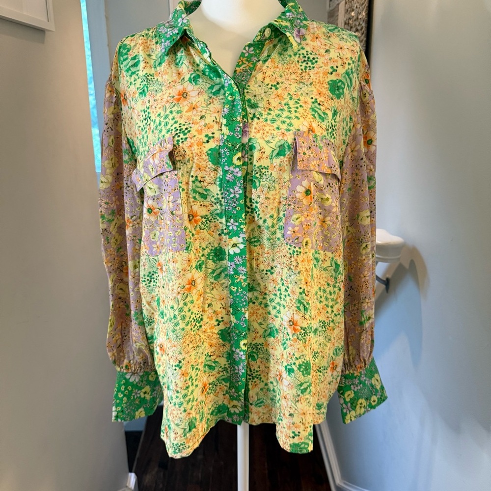 LOFT Green and Purple Floral Shirt